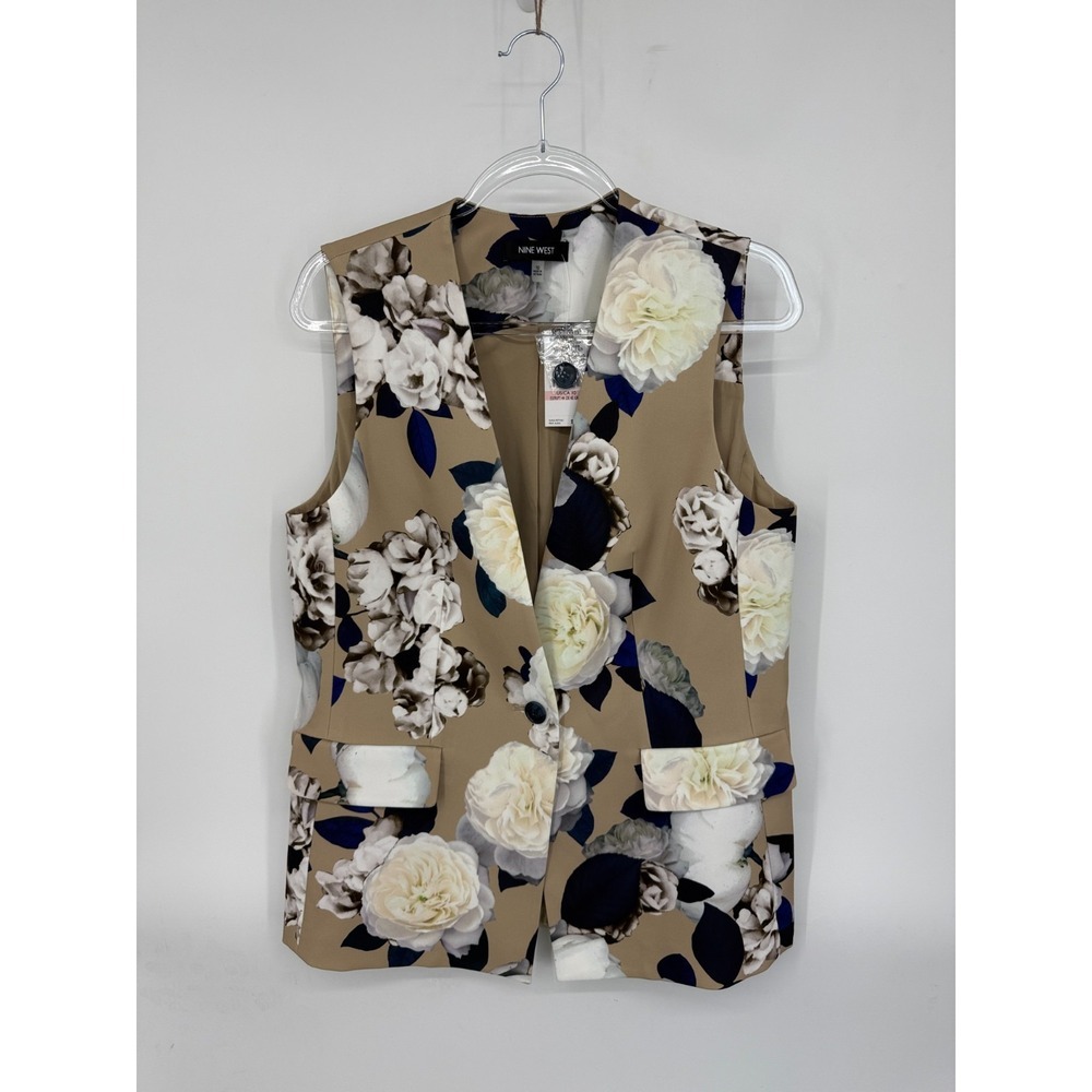 NWT Nine West Mykonos Waistcoat Vest Womens 10 Beige Floral Polyester Sleeveless